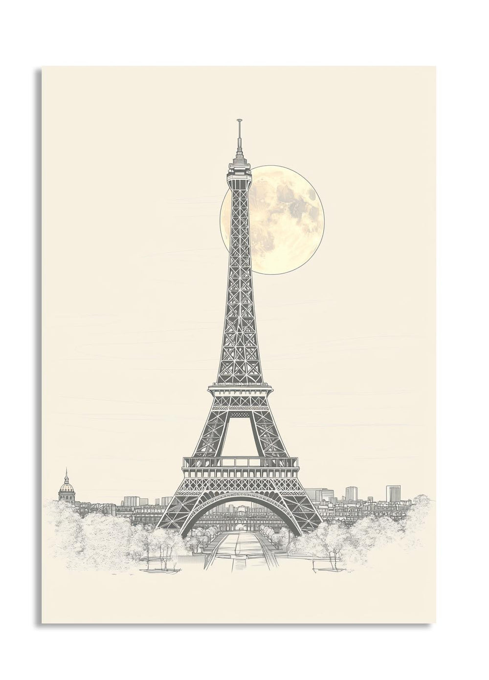 Illustration of the Eiffel Tower with a moon in the background on a beige background , as a premium aluminum metal print from GoMetalPrint.

