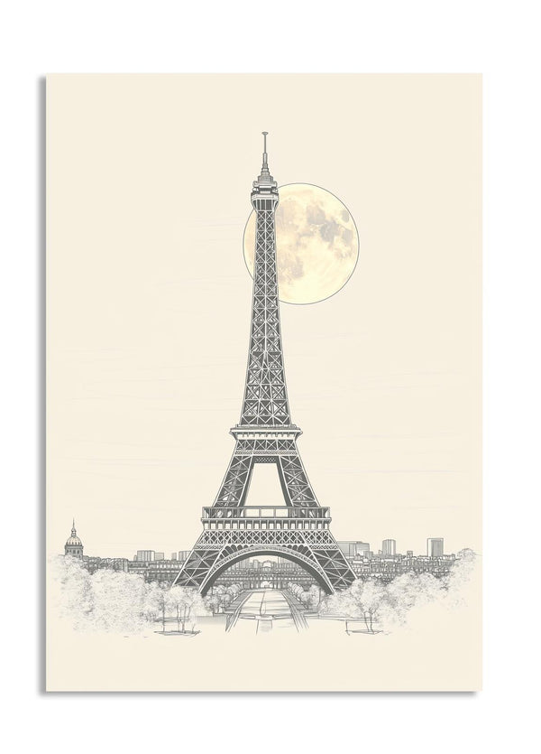 Illustration of the Eiffel Tower with a moon in the background on a beige background , as a premium aluminum metal print from GoMetalPrint.
