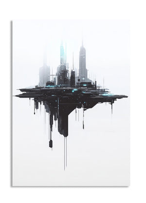 Futuristic cityscape with tall buildings on a white background, as a premium aluminum metal print from GoMetalPrint.
