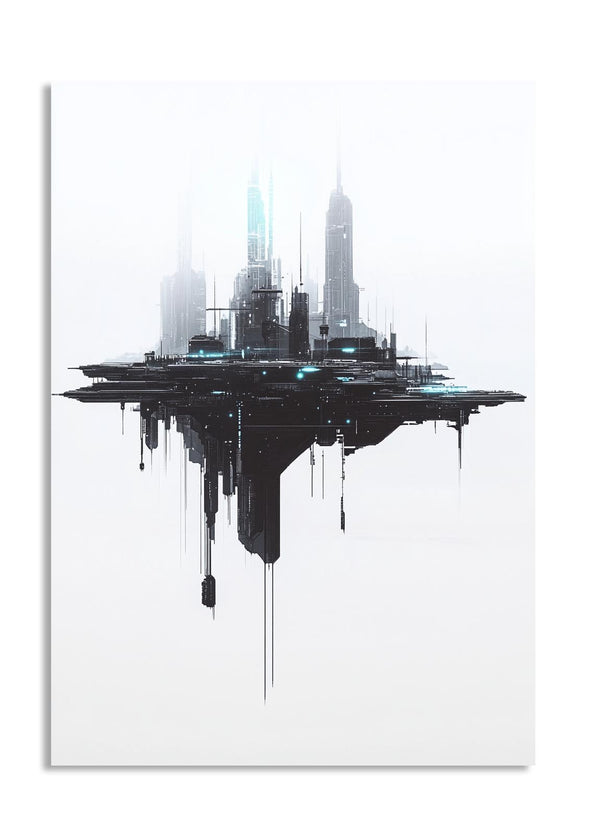Futuristic cityscape with tall buildings on a white background, as a premium aluminum metal print from GoMetalPrint.
