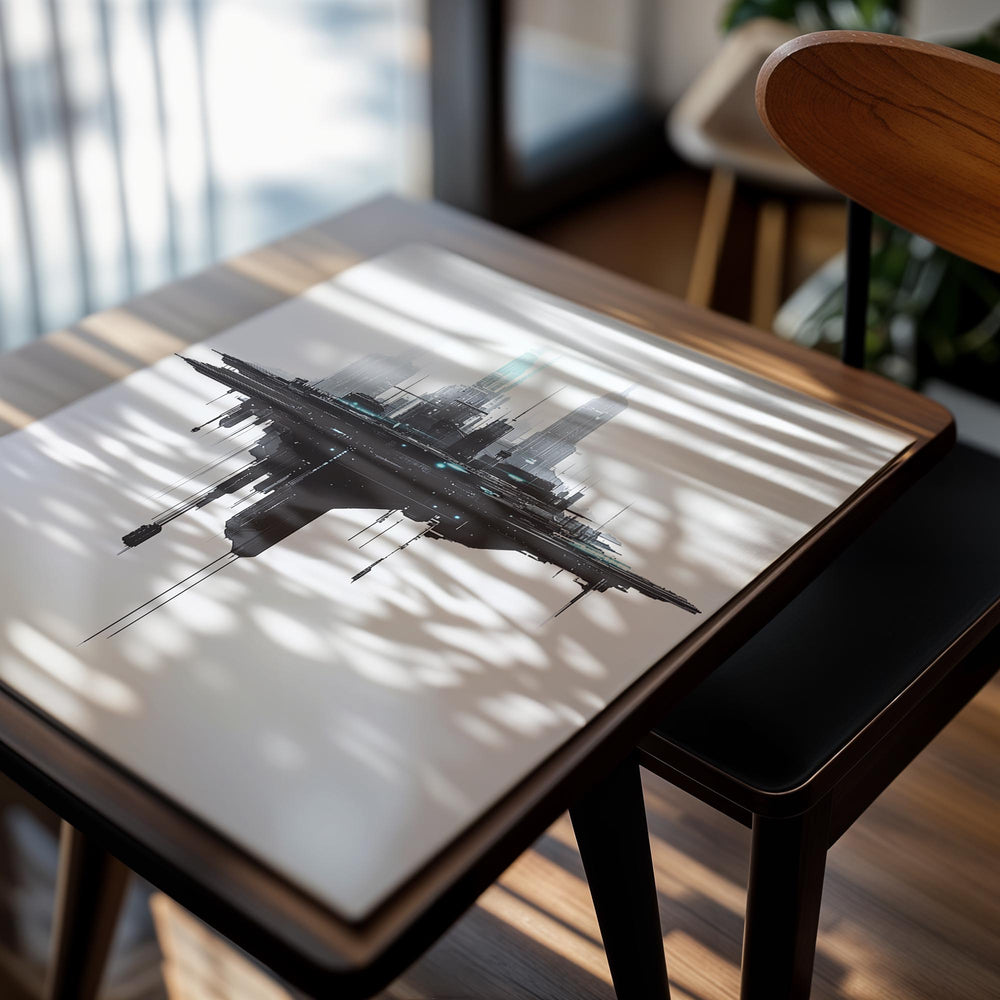 Futuristic cityscape with tall buildings on a white background, as a premium aluminum metal print from GoMetalPrint.
