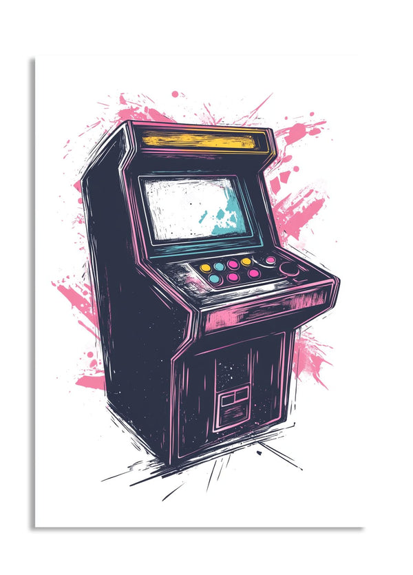 Vintage arcade machine illustration with colorful splashes on a white background, as a premium aluminum metal print from GoMetalPrint.
