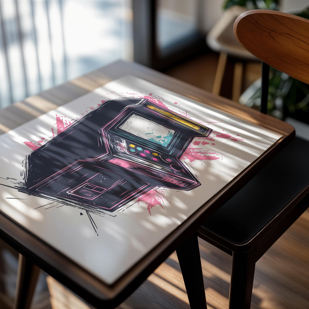 Vintage arcade machine illustration with colorful splashes on a white background, as a premium aluminum metal print from GoMetalPrint.
