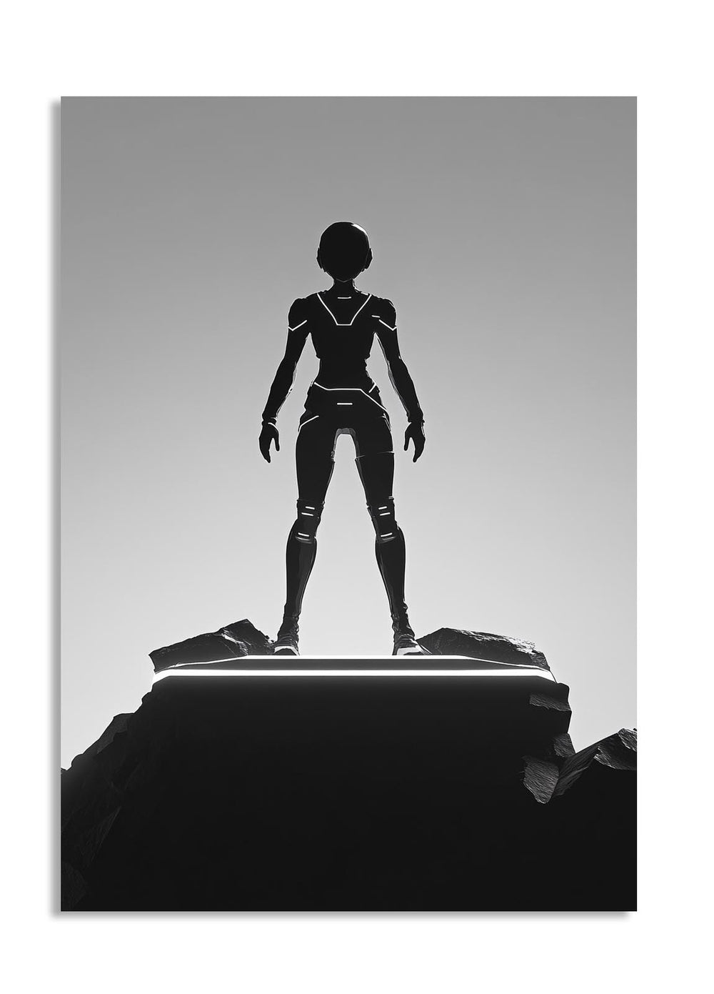 Silhouette of a futuristic figure on a gray background, as a premium aluminum metal print from GoMetalPrint.
