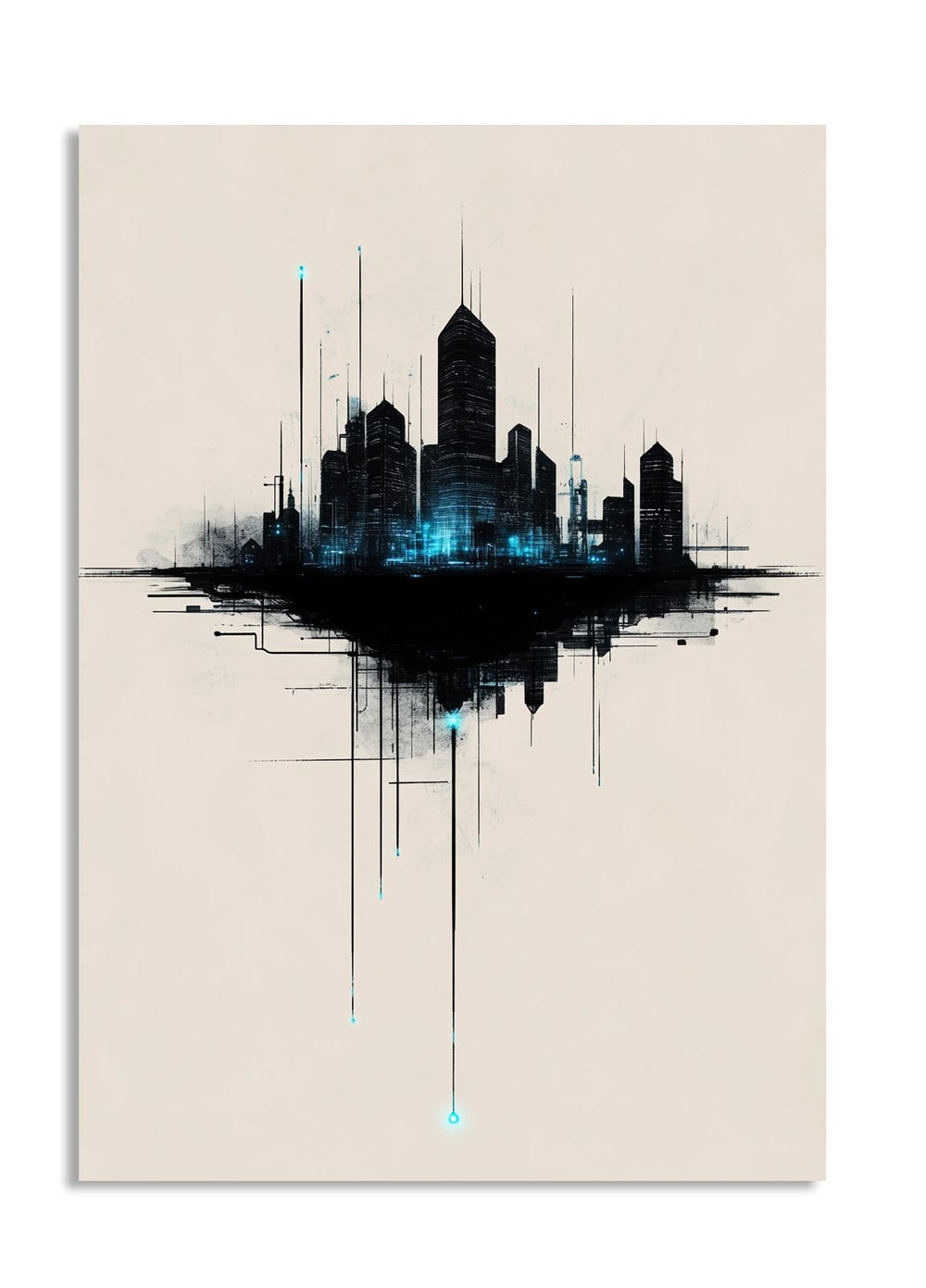 Abstract cityscape art print with black and blue design on a beige background, as a premium aluminum metal print from GoMetalPrint.
