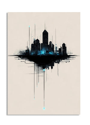 Abstract cityscape art print with black and blue design on a beige background, as a premium aluminum metal print from GoMetalPrint.
