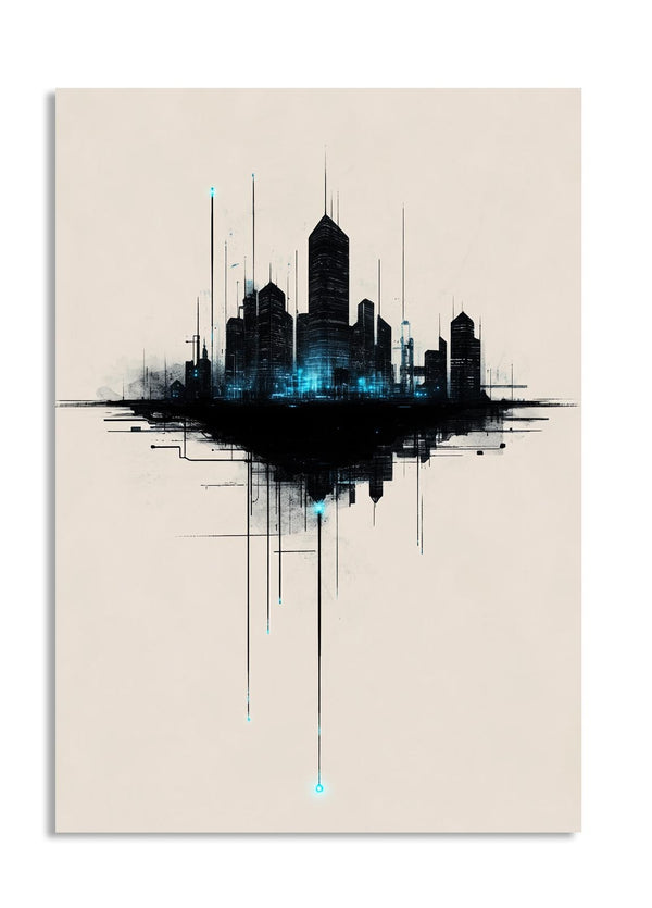 Abstract cityscape art print with black and blue design on a beige background, as a premium aluminum metal print from GoMetalPrint.
