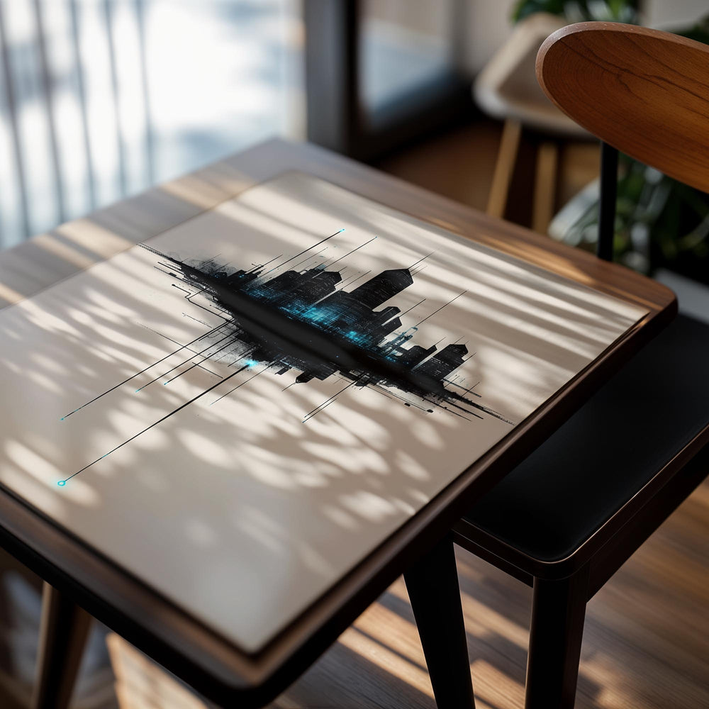 Abstract cityscape art print with black and blue design on a beige background, as a premium aluminum metal print from GoMetalPrint.
