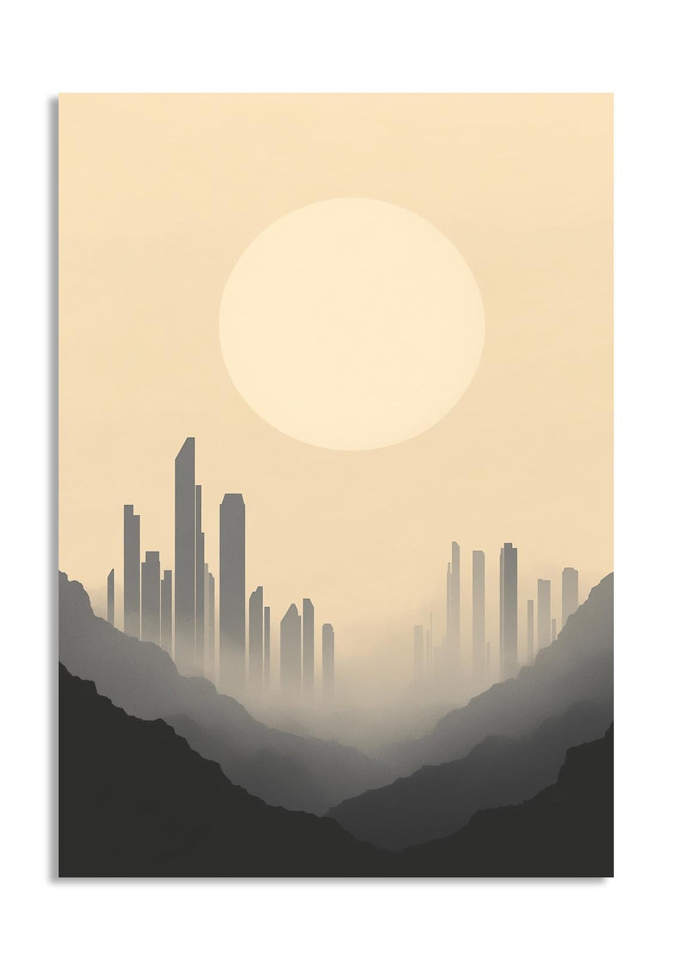 Futuristic cityscape with tall buildings on a beige background, as a premium aluminum metal print from GoMetalPrint.
