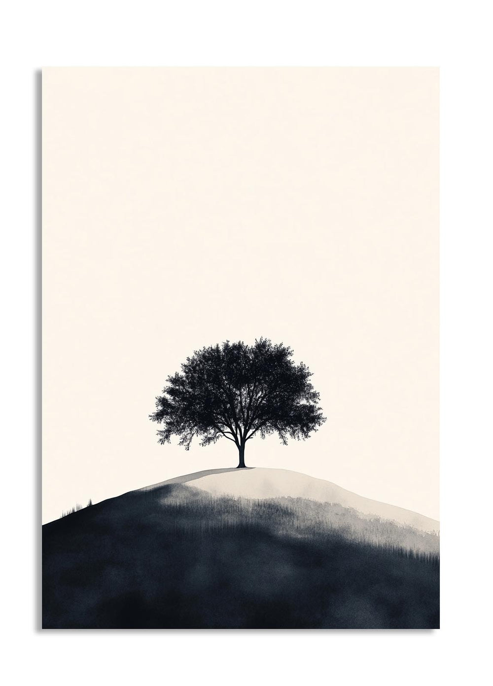 Surreal landscape with a single tree on a hill against a plain background, as a premium aluminum metal print from GoMetalPrint.
