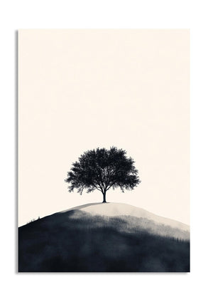 Surreal landscape with a single tree on a hill against a plain background, as a premium aluminum metal print from GoMetalPrint.
