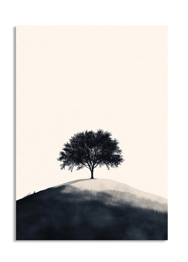 Surreal landscape with a single tree on a hill against a plain background, as a premium aluminum metal print from GoMetalPrint.
