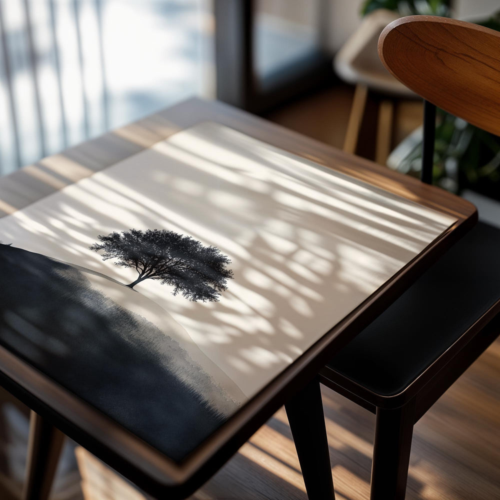 Surreal landscape with a single tree on a hill against a plain background, as a premium aluminum metal print from GoMetalPrint.
