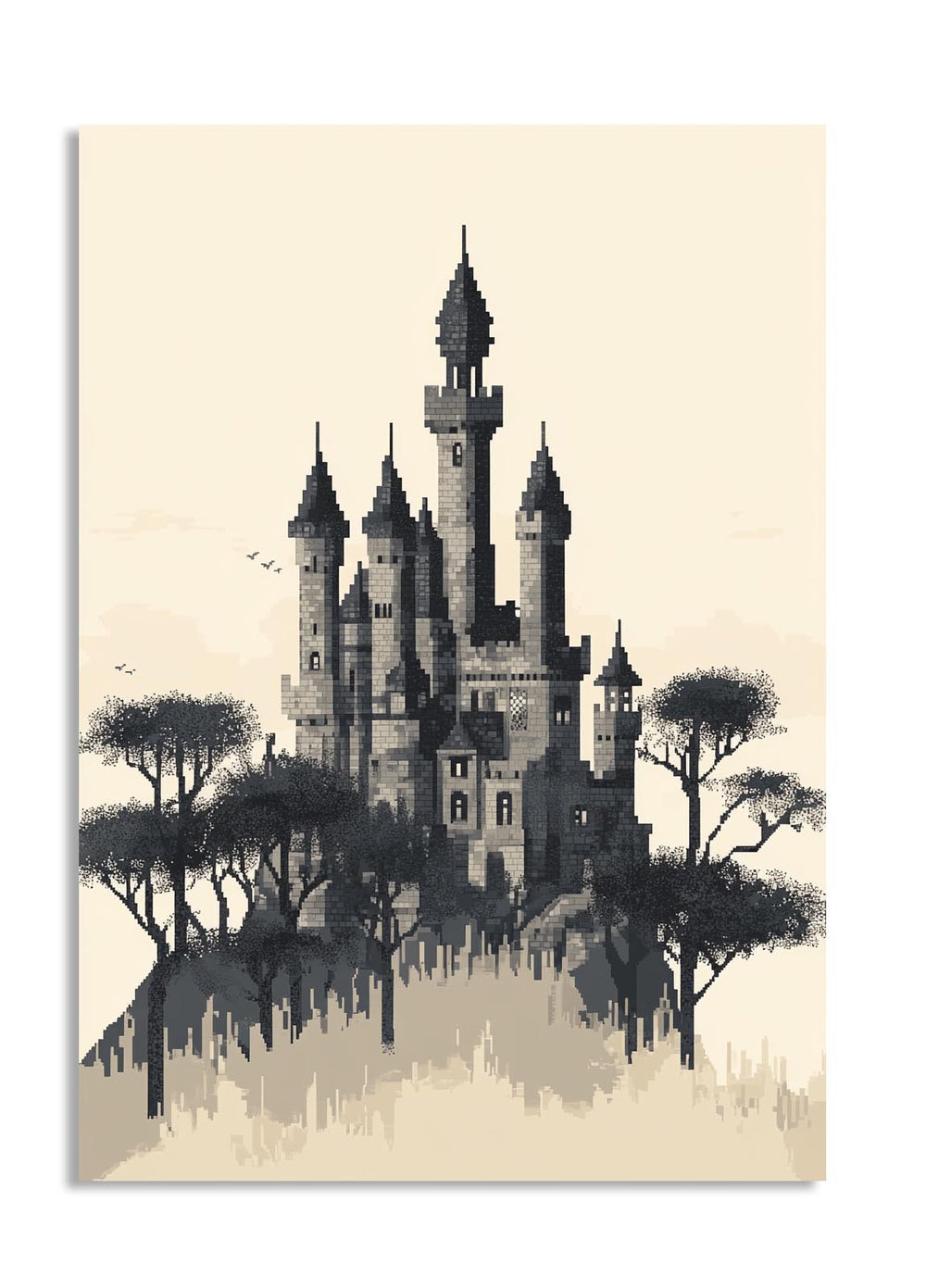 Silhouette of a castle with trees on a beige background, as a premium aluminum metal print from GoMetalPrint.
