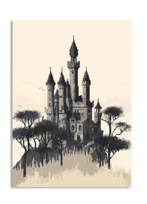 Silhouette of a castle with trees on a beige background, as a premium aluminum metal print from GoMetalPrint.

