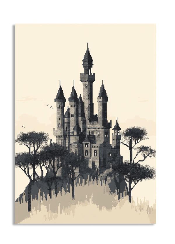 Silhouette of a castle with trees on a beige background, as a premium aluminum metal print from GoMetalPrint.
