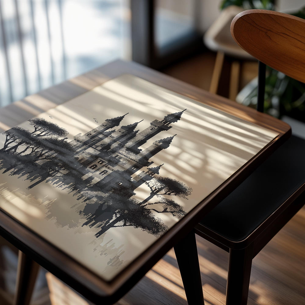 Silhouette of a castle with trees on a beige background, as a premium aluminum metal print from GoMetalPrint.
