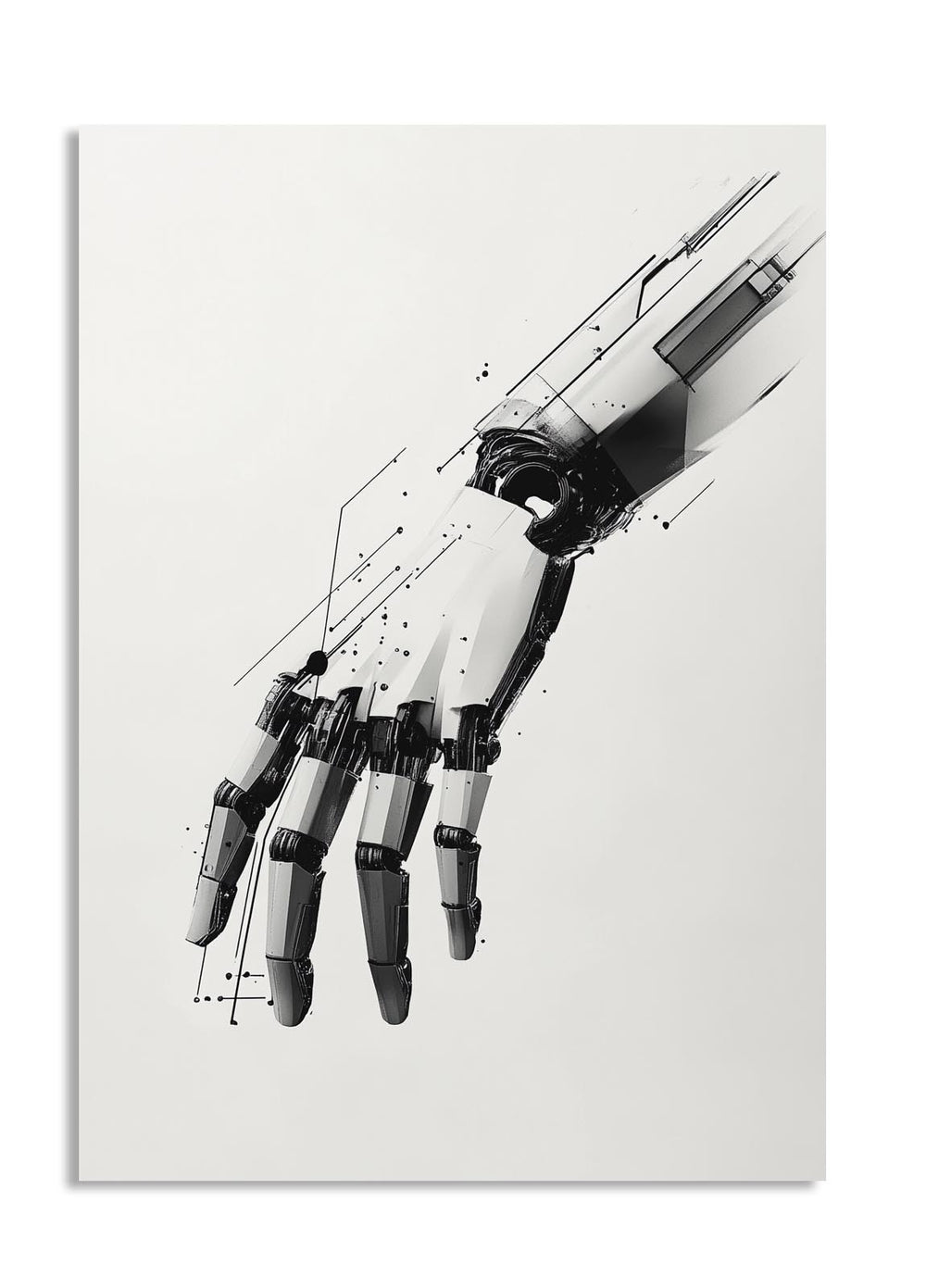Black and white illustration of a robotic hand on a light gray background, as a premium aluminum metal print from GoMetalPrint.
