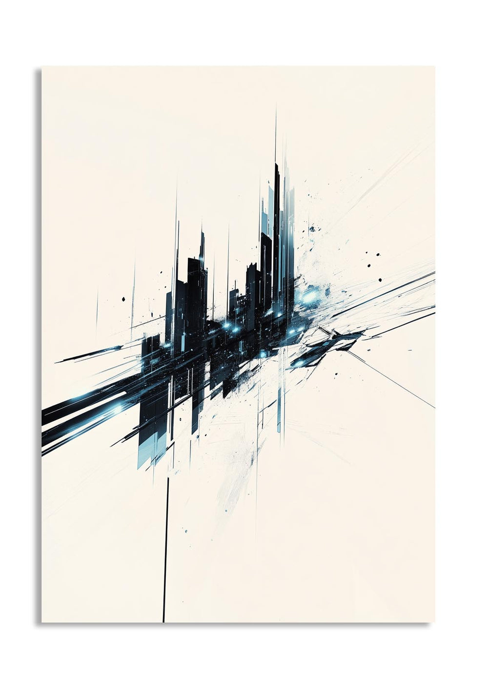Abstract art piece with black and blue brush strokes on a light background, as a premium aluminum metal print from GoMetalPrint.
