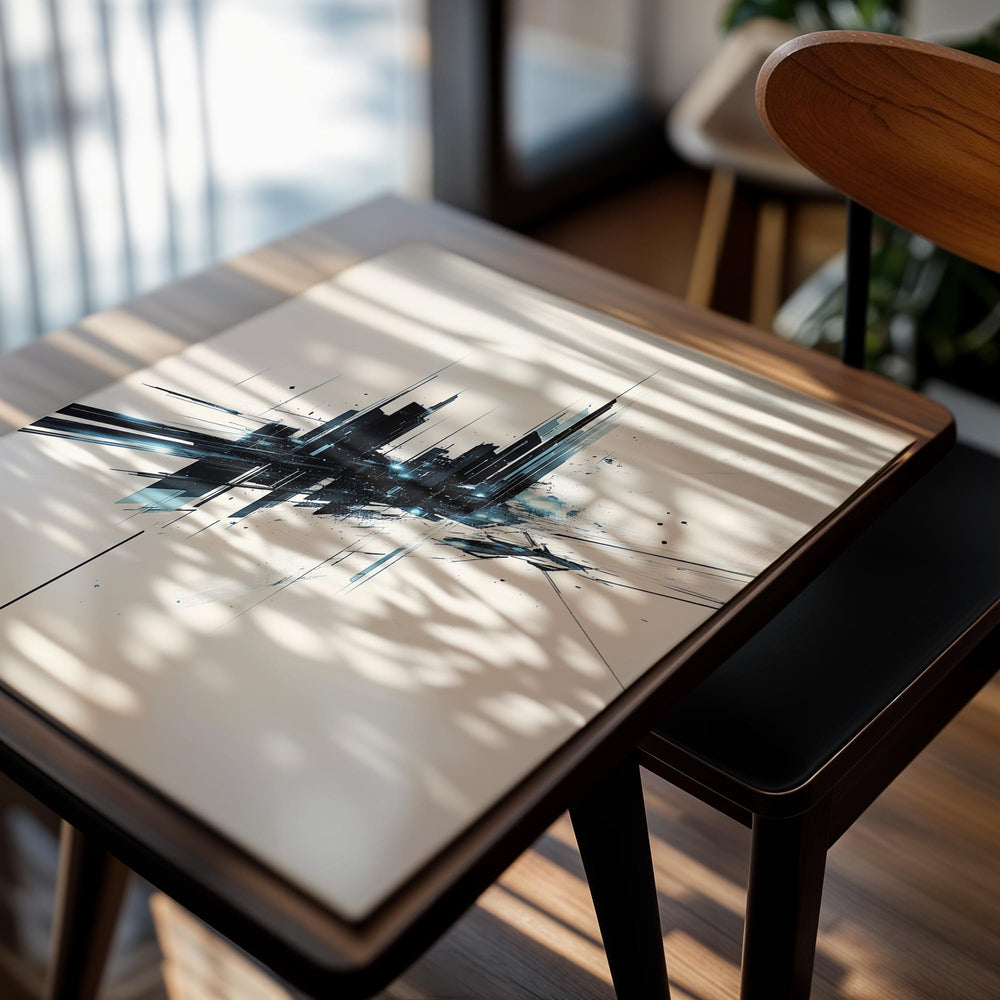 Abstract art piece with black and blue brush strokes on a light background, as a premium aluminum metal print from GoMetalPrint.
