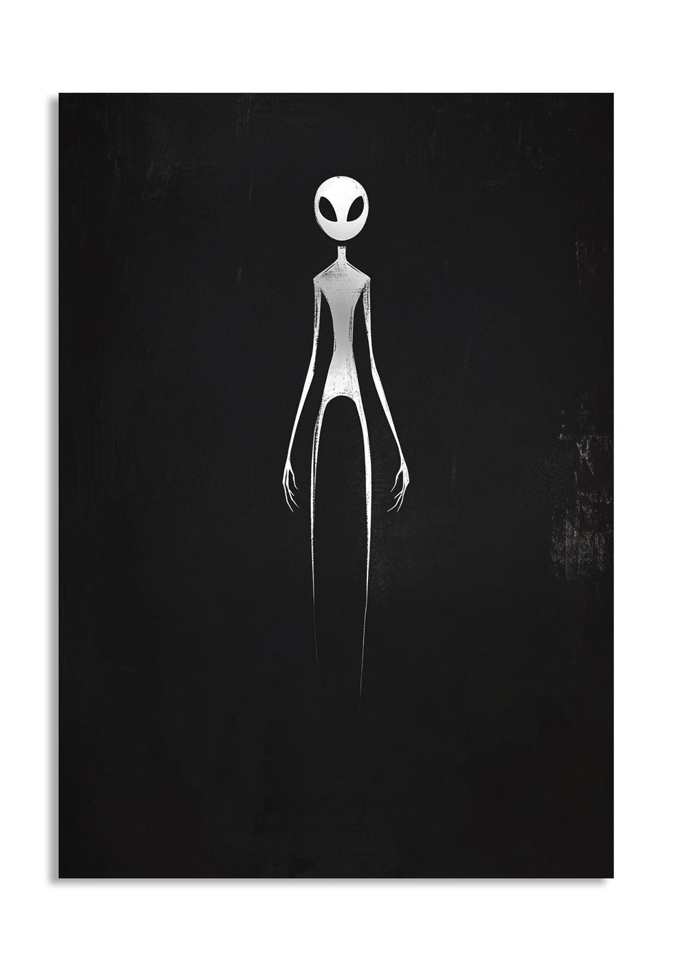 White alien figure on a black background, as a premium aluminum metal print from GoMetalPrint.
