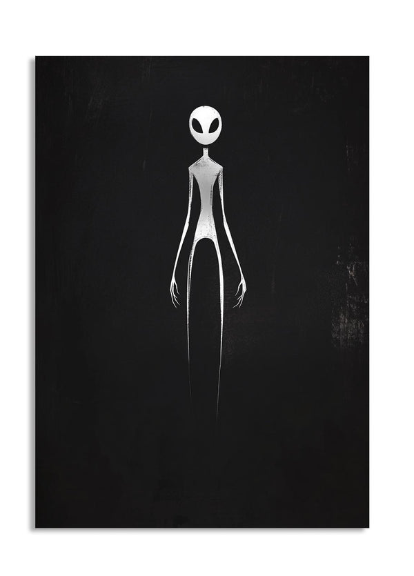 White alien figure on a black background, as a premium aluminum metal print from GoMetalPrint.
