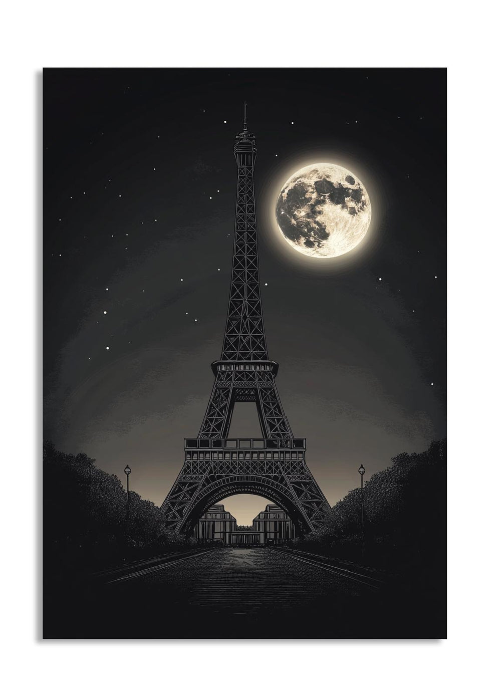 Eiffel Tower under a full moon with a starry night sky, as a premium aluminum metal print from GoMetalPrint.
