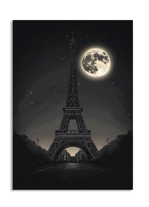 Eiffel Tower under a full moon with a starry night sky, as a premium aluminum metal print from GoMetalPrint.
