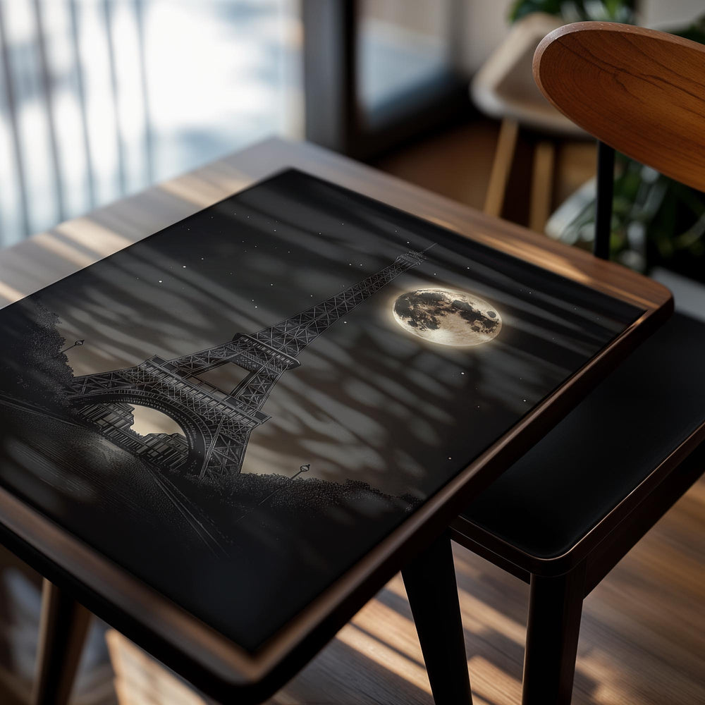 Eiffel Tower under a full moon with a starry night sky, as a premium aluminum metal print from GoMetalPrint.
