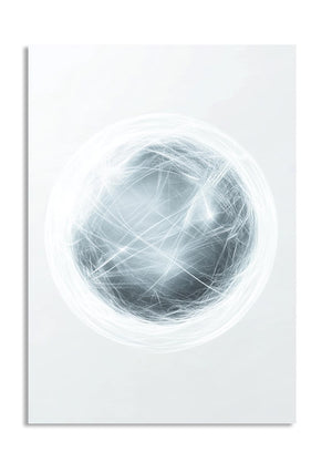 Abstract art piece with a central sphere and radiating lines on a white background , as a premium aluminum metal print from GoMetalPrint.
