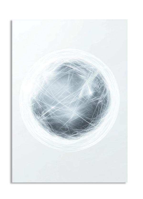 Abstract art piece with a central sphere and radiating lines on a white background , as a premium aluminum metal print from GoMetalPrint.
