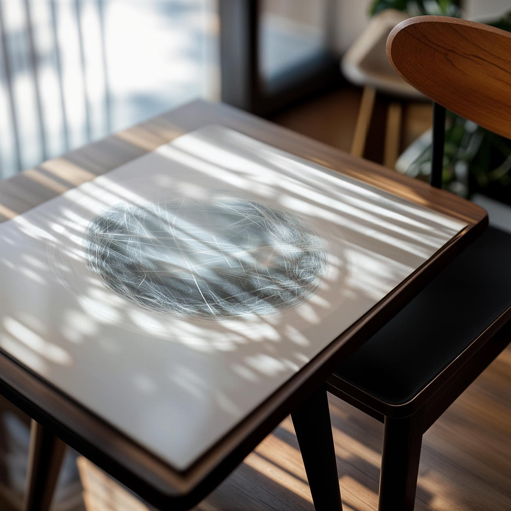 Abstract art piece with a central sphere and radiating lines on a white background , as a premium aluminum metal print from GoMetalPrint.
