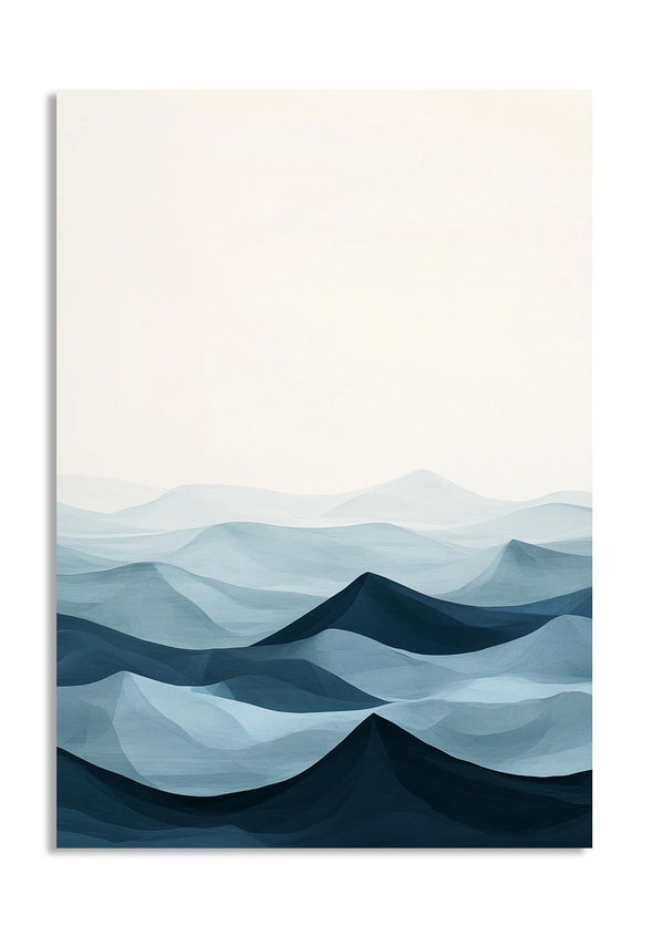 Abstract wave design in blue tones on a white background, as a premium aluminum metal print from GoMetalPrint.
