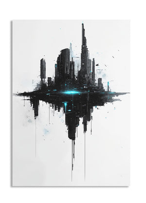 Abstract cityscape artwork with black and white buildings on a white background, as a premium aluminum metal print from GoMetalPrint.
