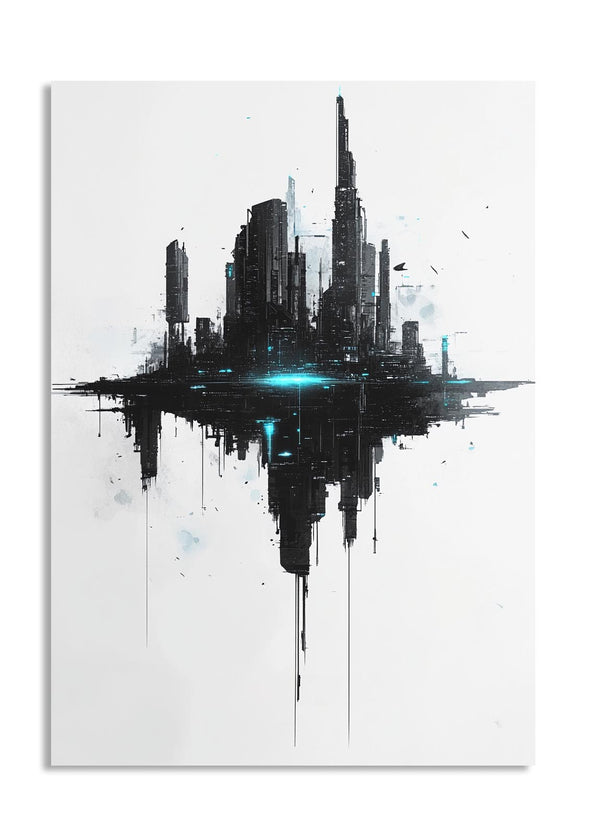 Abstract cityscape artwork with black and white buildings on a white background, as a premium aluminum metal print from GoMetalPrint.
