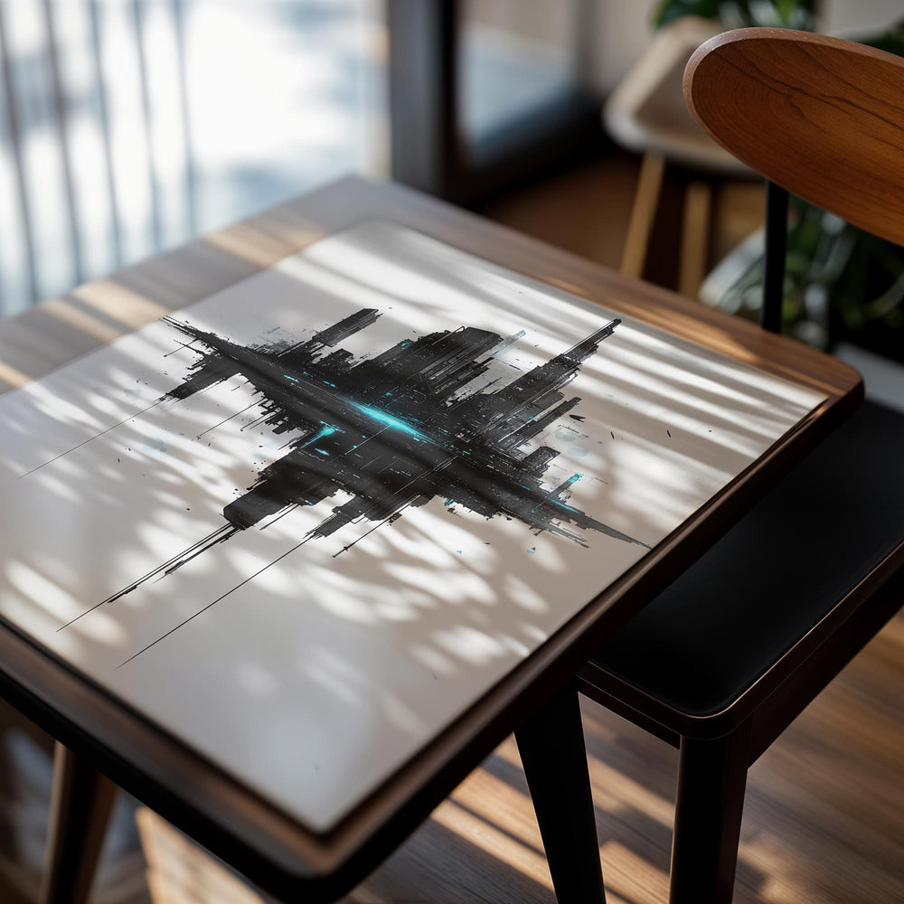 Abstract cityscape artwork with black and white buildings on a white background, as a premium aluminum metal print from GoMetalPrint.
