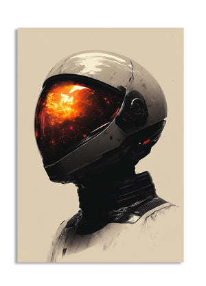Illustration of a person wearing a futuristic helmet with a fiery interior on a beige background, as a premium aluminum metal print from GoMetalPrint.
