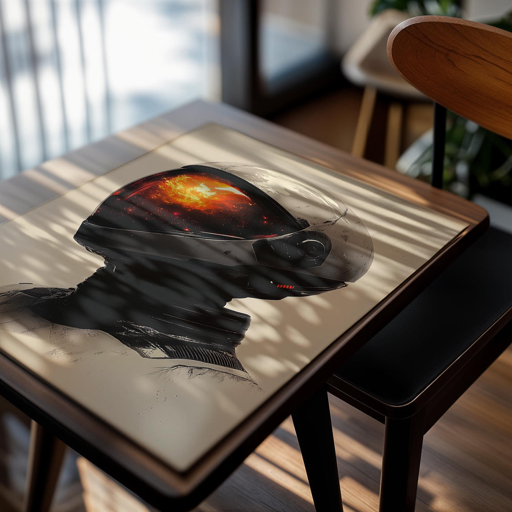 Illustration of a person wearing a futuristic helmet with a fiery interior on a beige background, as a premium aluminum metal print from GoMetalPrint.

