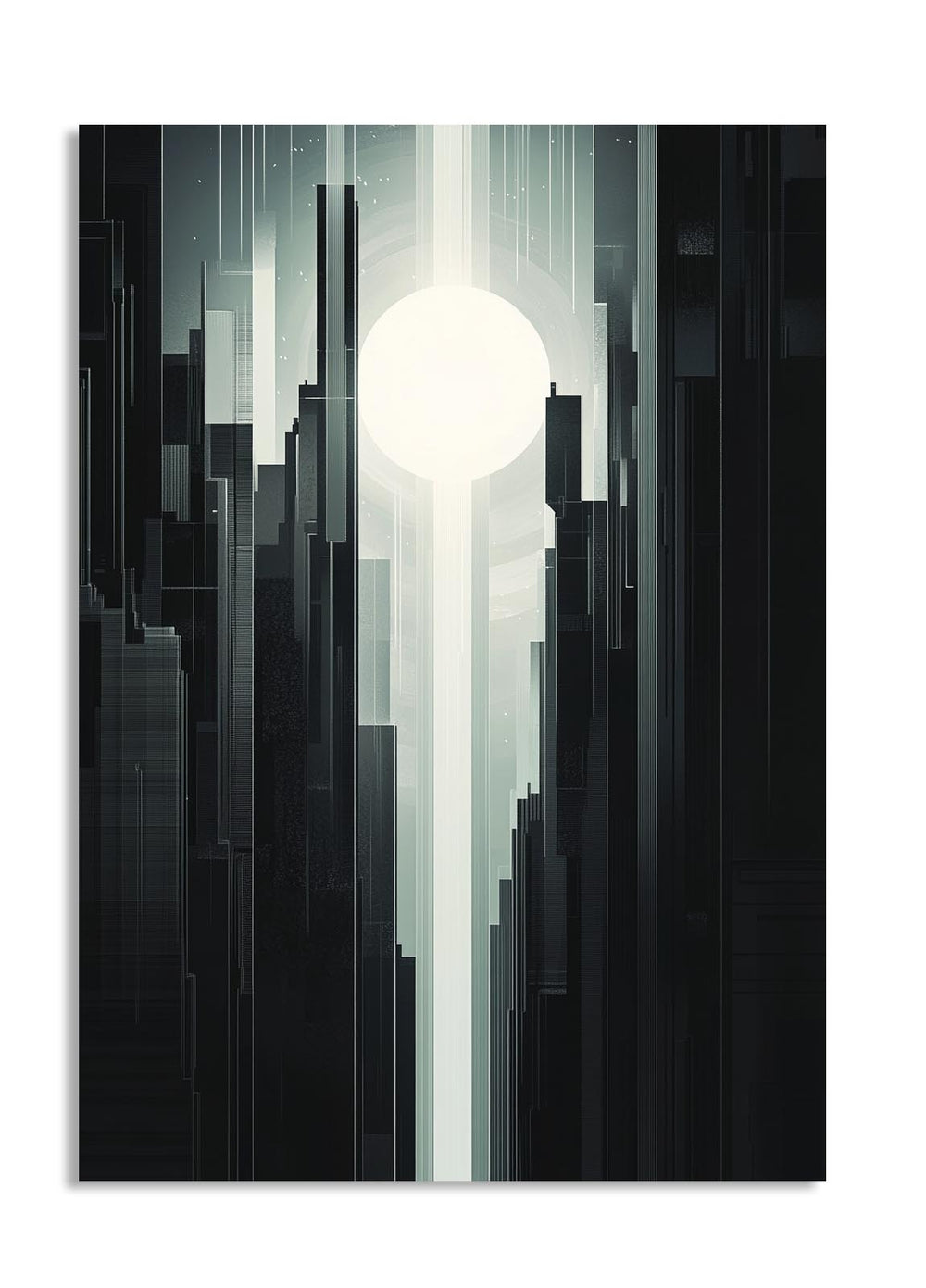 Abstract art piece with a central light source against a dark background, as a premium aluminum metal print from GoMetalPrint.
