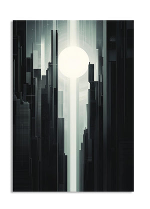 Abstract art piece with a central light source against a dark background, as a premium aluminum metal print from GoMetalPrint.
