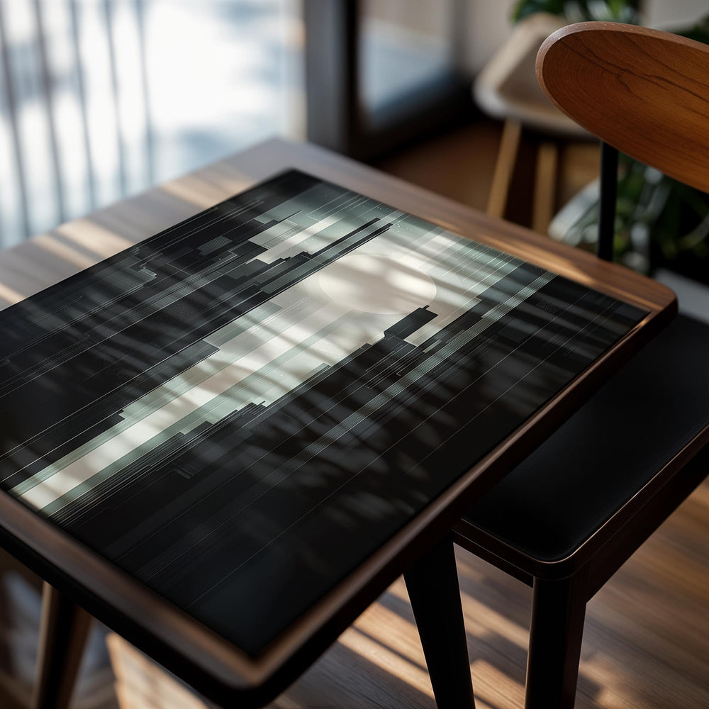 Abstract art piece with a central light source against a dark background, as a premium aluminum metal print from GoMetalPrint.
