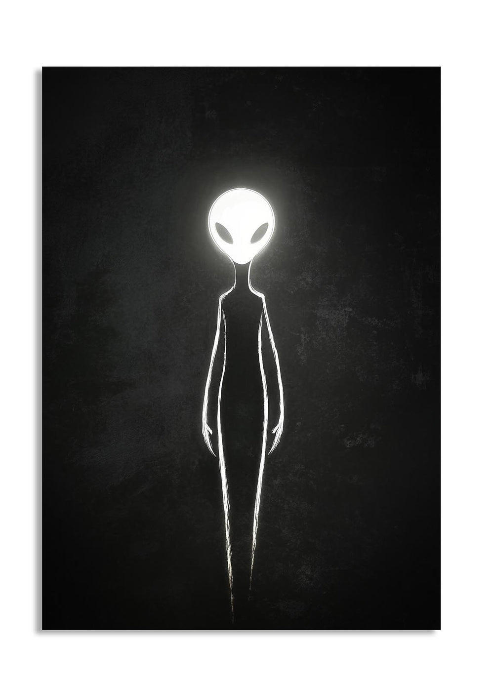 White silhouette of an alien on a black background, as a premium aluminum metal print from GoMetalPrint.
