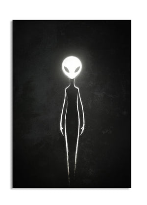 White silhouette of an alien on a black background, as a premium aluminum metal print from GoMetalPrint.
