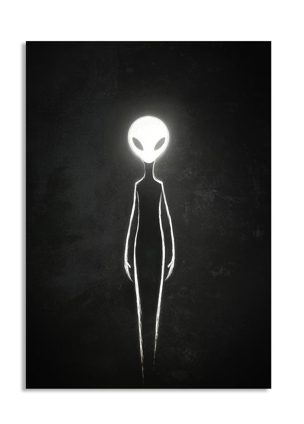 White silhouette of an alien on a black background, as a premium aluminum metal print from GoMetalPrint.
