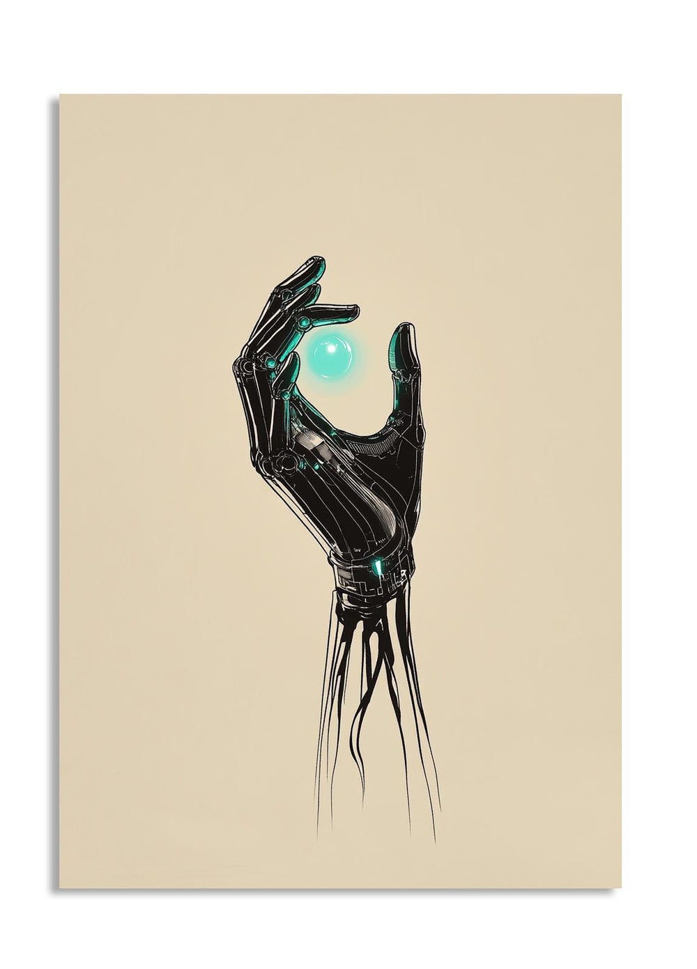 Artistic depiction of a robotic hand holding a glowing blue sphere on a beige background, as a premium aluminum metal print from GoMetalPrint.
