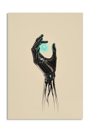 Artistic depiction of a robotic hand holding a glowing blue sphere on a beige background, as a premium aluminum metal print from GoMetalPrint.
