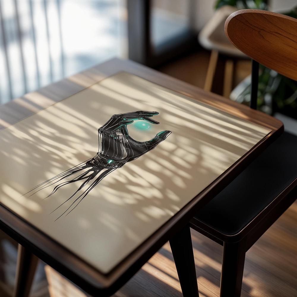 Artistic depiction of a robotic hand holding a glowing blue sphere on a beige background, as a premium aluminum metal print from GoMetalPrint.
