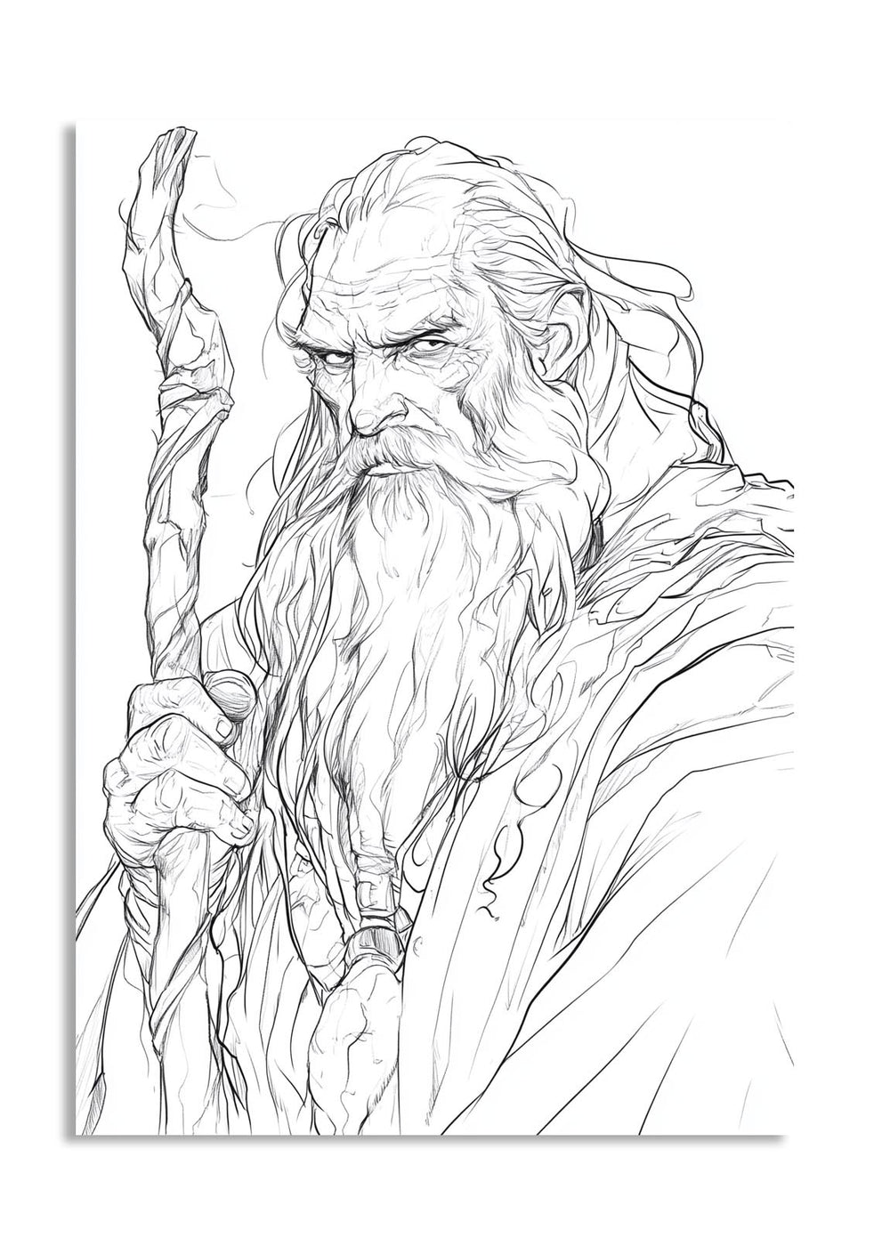 Line drawing of a wise old man with a staff on a white background, as a premium aluminum metal print from GoMetalPrint.
