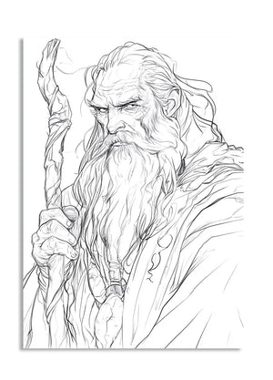 Line drawing of a wise old man with a staff on a white background, as a premium aluminum metal print from GoMetalPrint.
