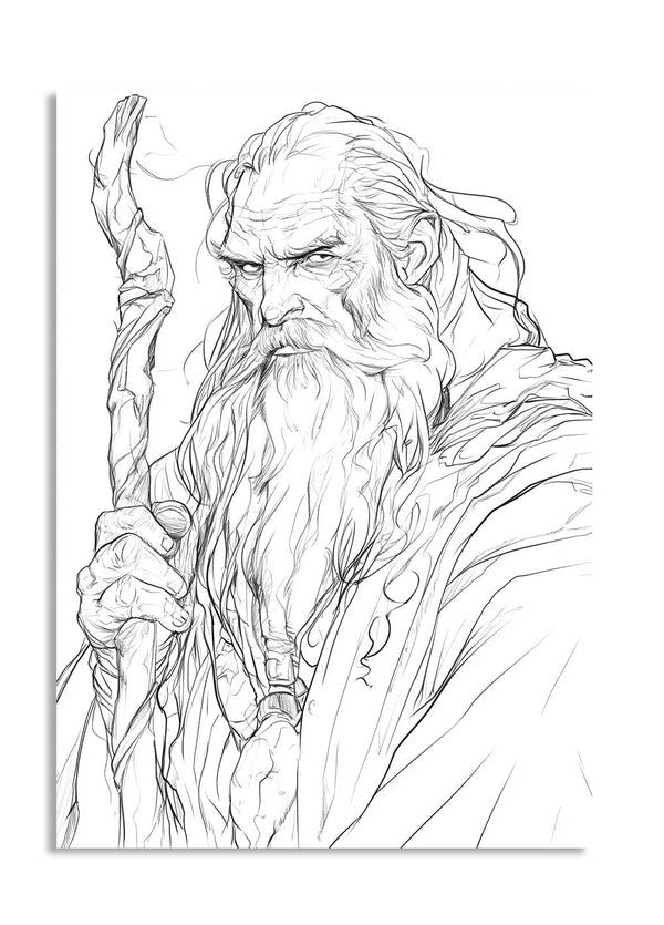 Line drawing of a wise old man with a staff on a white background, as a premium aluminum metal print from GoMetalPrint.

